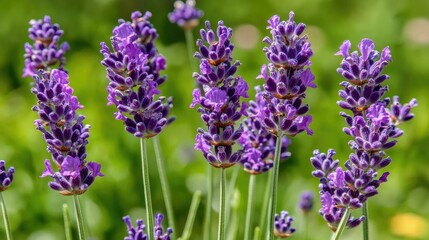 Obraz premium Beautiful Close-Up of Vibrant Purple Lavender Flowers in Bloom Surrounded by Lush Green Foliage Under Bright Natural Light Capturing Nature's Beauty