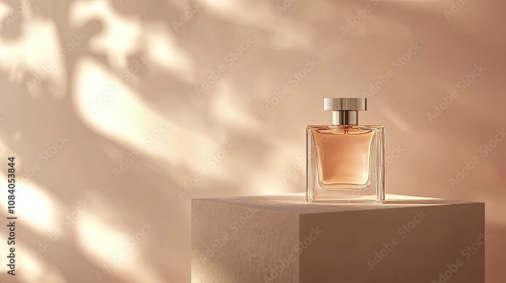 Poster elegant perfume bottle displayed on minimalist stand with soft sunlight and subtle shadow play creat