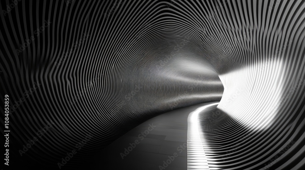 Poster abstract tunnel with dynamic black and white stripes creating a sense of depth and movement, evoking