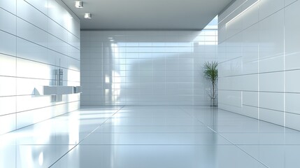 Obraz premium Modern Minimalist Interior with Bright Lighting and Potted Plant in a Spacious Room Featuring Sleek White Walls and Floor, Perfect for Contemporary Design Concepts