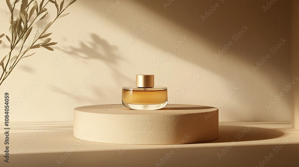 Poster elegant and minimalist perfume bottle displayed on a simple round stand with soft, natural lighting 