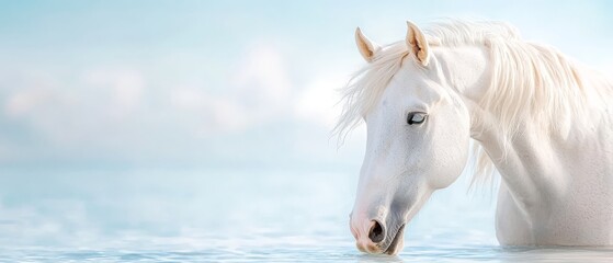 Obraz premium A white horse standing in the water with a blue sky in the background