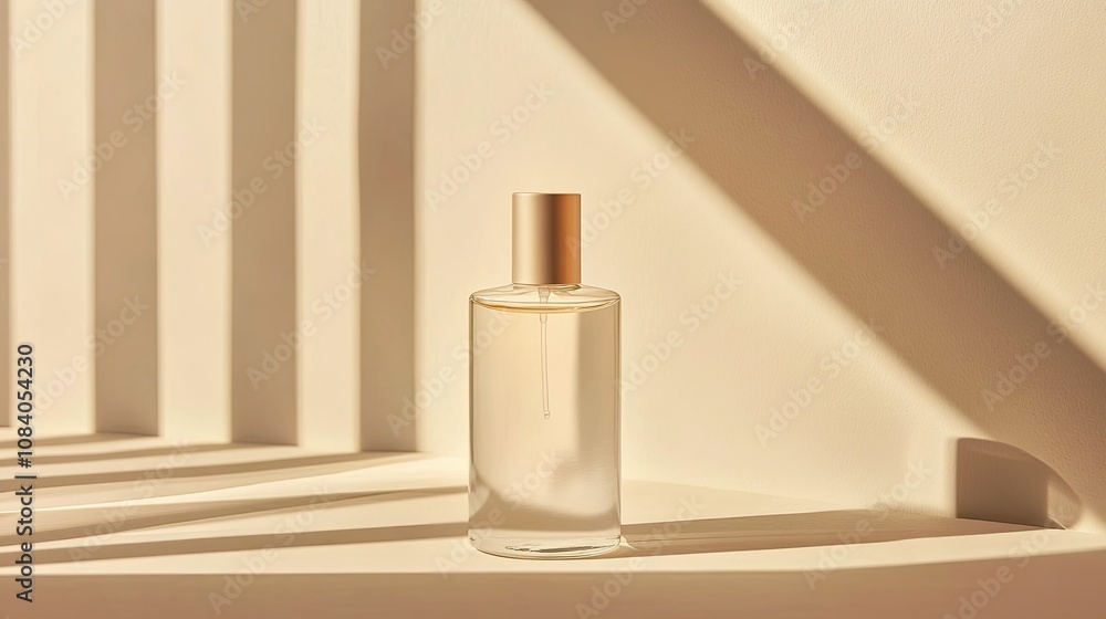 Poster elegant glass perfume bottle on soft beige background with subtle shadows creating a calming and min