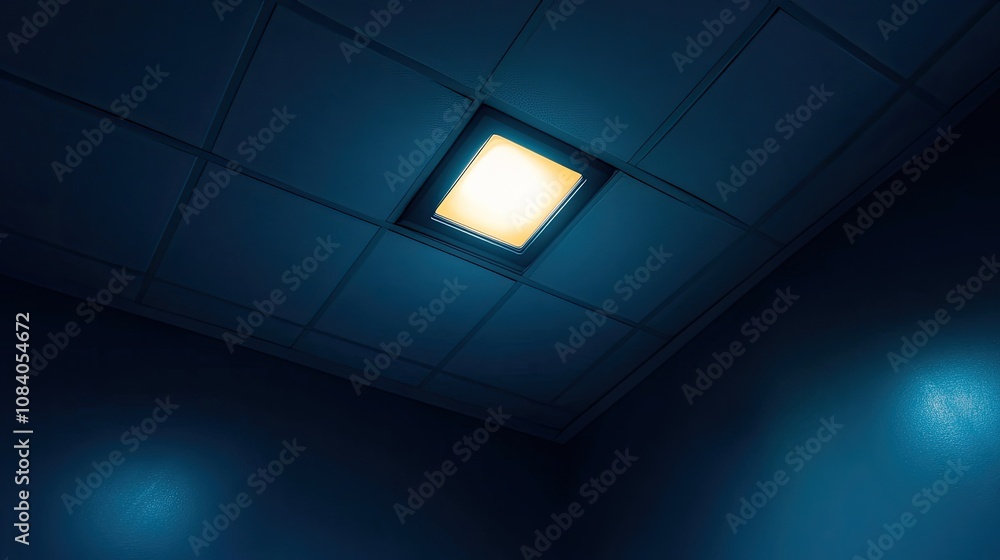 Poster bright ceiling light illuminates darkened room corner, showcasing modern architecture with stark con