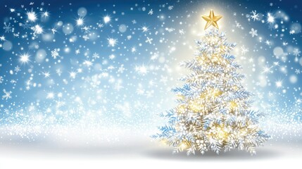 Beautiful Winter Scene Featuring a Fluffy Christmas Tree Adorned with a Shining Star and Surrounded by Soft Falling Snowflakes in a Magical Atmosphere