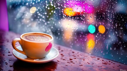 Fototapeta premium A cup of coffee on a table by a window with raindrops and city lights blurred in the background.