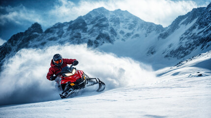 Professional snowmobiler riding in mountain valley, creating a cloud of snow