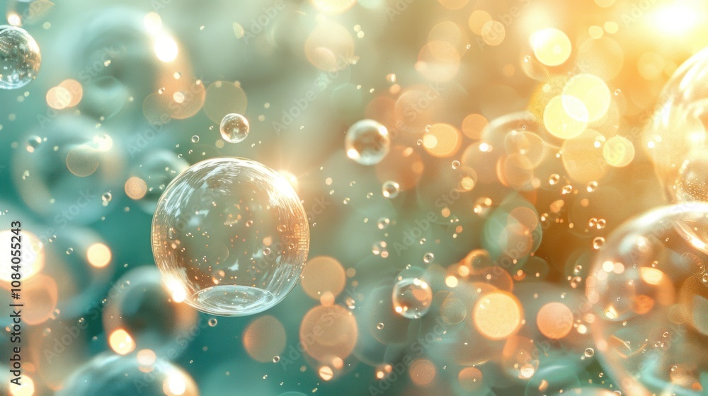 Poster abstract background with floating soap bubbles and bokeh lights.