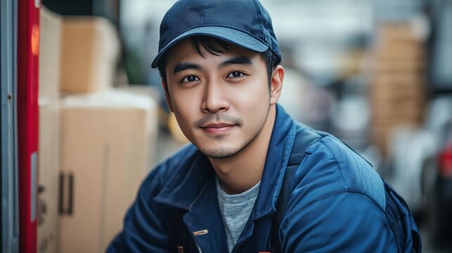 A young Asian delivery driver in a blue uniform and cap looks directly at the camera with a friendly smile.