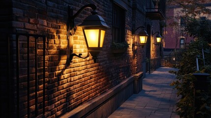 Fototapeta premium Evening ambiance on a brick building's walkway with illuminated wall-mounted lanterns.