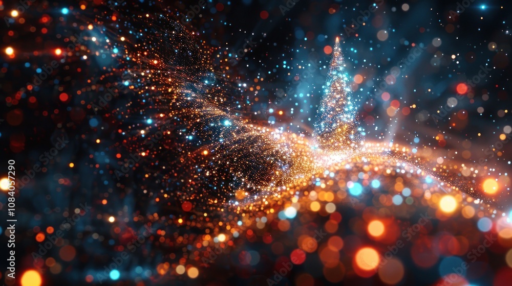 Poster abstract christmas tree made of glowing particles, on a dark background with bokeh lights.