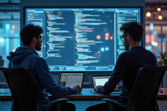 Developers collaborating on code in modern office environment at night