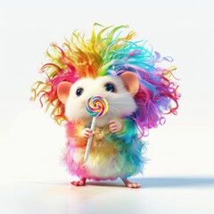 Fototapeta premium A delightful hamster with vibrant, colorful hair enjoying a tasty lollipop in a cheerful setting