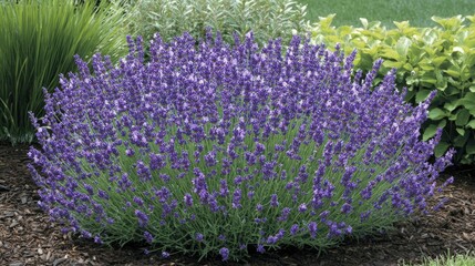 Obraz premium Lush Lavender Bush in Full Bloom Surrounded by Green Foliage Showcasing Vibrant Purple Flowers and Textured Natural Landscape in Bright Daylight