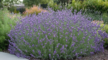 Obraz premium Vibrant Lavender Bush in Bloom Surrounded by Lush Green Foliage in a Well-Maintained Garden Setting, Showcasing Nature's Beauty and Serenity