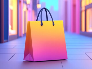 A vibrant shopping bag in a colorful urban setting, symbolizing retail and consumerism.