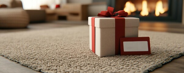 A festive gift box on a cozy carpet near a warm fireplace, perfect for holiday spirit.