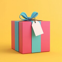 A colorful gift box with a ribbon and tag, perfect for celebrations and special occasions.