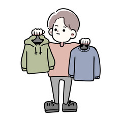 どちらの服にするか悩んでいる男性のイラスト