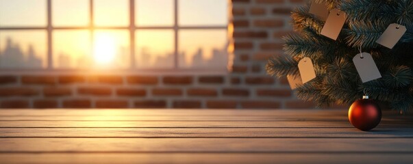 Cozy Christmas scene with a decorated tree and warm morning sunlight filtering through windows.