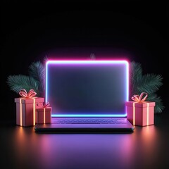 A glowing laptop surrounded by festive gifts and holiday decorations on a dark background.