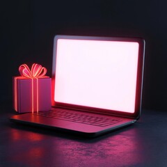 A glowing laptop next to a gift box, ideal for digital holiday themes and promotions.