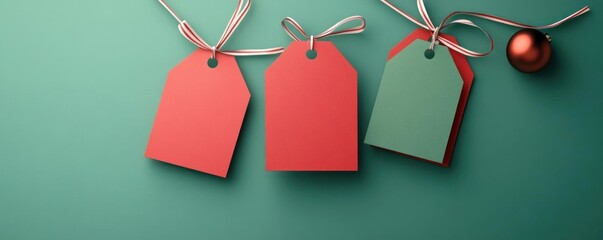 Colorful festive tags on a teal background for holiday gift wrapping.