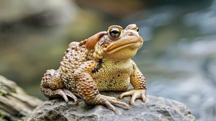 Obraz premium A toad resting on a rock near a small stream in the woods.