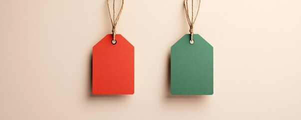 Two colorful blank tags hanging against a neutral background for branding purposes.