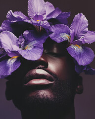 Black man with purple iris flowers in his hair and around his face, cut paper collage, album cover, surrealism, dark and moody pastel colors, 1980s retrofuturistic aesthetic, 35mm photography, vintage