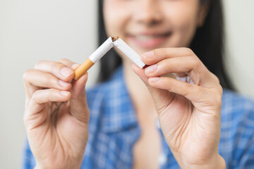 Quit, stop smoking, addiction asian young woman, girl refusing cigarette, smoker quitting smoke,...