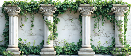 Naklejka premium Charming White Classic Columns Surrounded by Lush Greenery in a Whimsical Cartoon Style Illustration