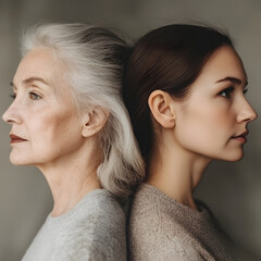 A striking portrait showcasing the contrasting profiles of an older woman and a younger woman, highlighting beauty across generations.