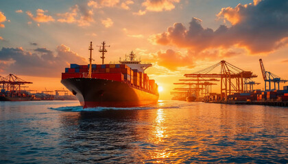 Obraz premium A cargo ship enters a port at sunset, highlighting global trade and industry.
