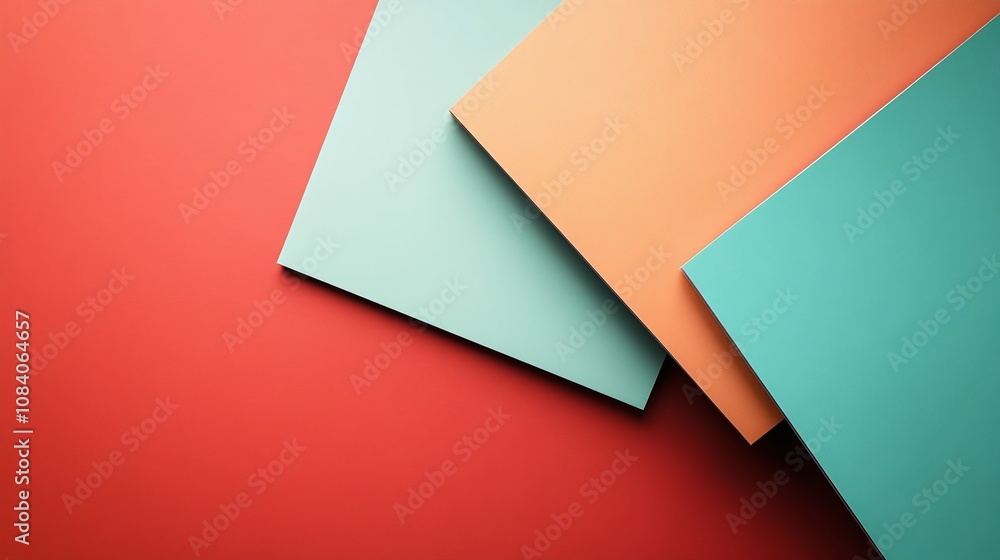 Poster mockup template with colorful paper patterns in vibrant teal, orange, and red for a dynamic and mode