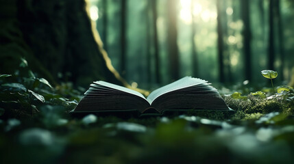 Open book lying on forest floor surrounded by greenery with soft sunlight filtering through trees in the background.