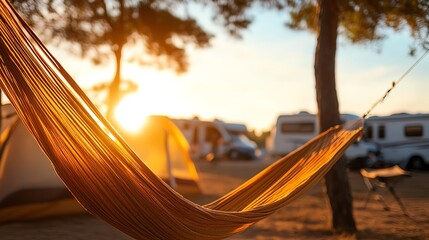 Fototapeta premium A summer RV park with bright sunlight, tents set up alongside RVs, and hammocks swaying gently in the breeze
