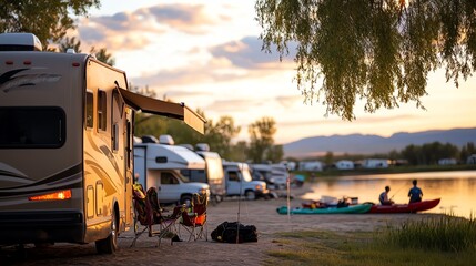 A tranquil riverside RV park with people kayaking, RVs parked along the shore, and fishing poles set up nearby