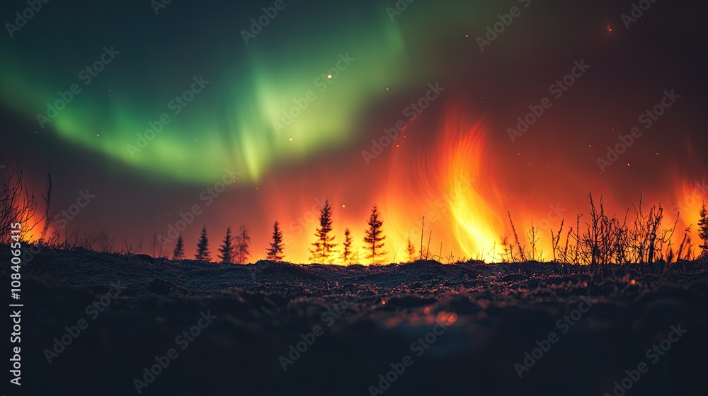 Poster here's a possible response following your specifications.. fiery wildfire raging under vibrant auror