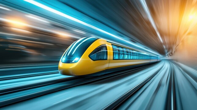 A hyperloop capsule hurtling through a tunnel illuminated by a mesmerizing blue light trail, creating a sense of speed and futuristic technology.
