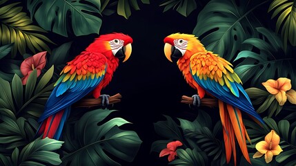 Obraz premium Colorful macaws tropical forest wildlife art lush greenery close-up nature's beauty