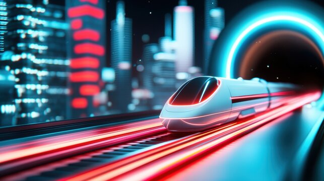 A hyperloop train, adorned with glowing lines that trace its aerodynamic design, exits a tunnel into a brightly lit, futuristic cityscape. The image contrasts the darkness of the tunnel with the