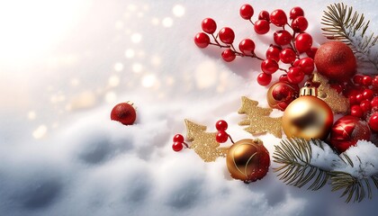Obraz premium A Christmas composition featuring red berries and gold ornaments on a snowy background, per_1(15)