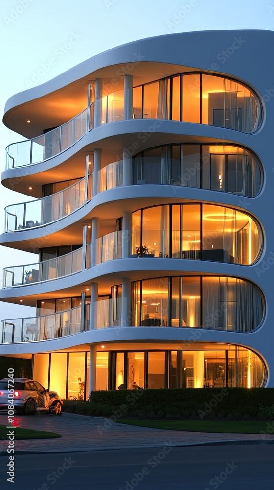 Poster here's a possible and keyword list for your stock photo.. modern curved apartment building at dusk.