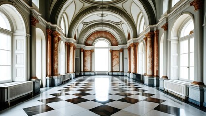 Fototapeta premium Grand ornate hallway, baroque architecture, checkered marble floor, arched windows, symmetrical composition, long corridor perspective, elaborate moldings, chandeliers, classical interior design, natu