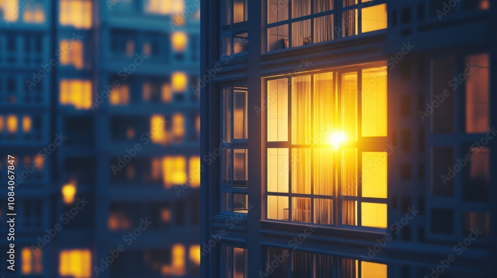 Poster a building with many windows and a yellow light shining through one of them