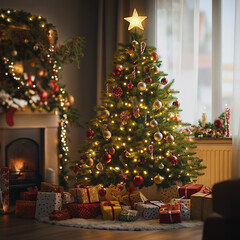 A cozy Christmas living room adorned with a sparkling tree and festive gifts on a winter evening