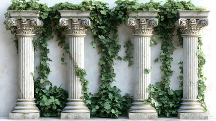 Naklejka premium Charming White Classic Columns Surrounded by Lush Greenery in a Whimsical Cartoon Style Illustration