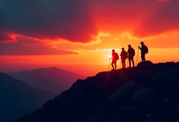 Fototapeta premium A group of hikers or climbers silhouetted against a dramatic sunset sky, standing on a rocky mountain peak.