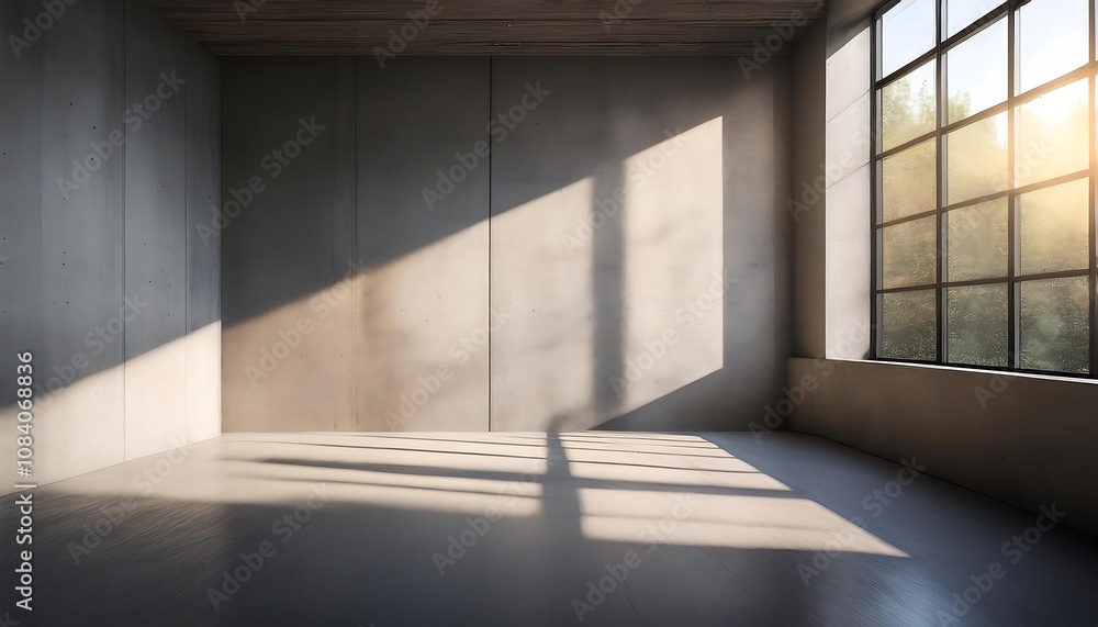 Poster a concrete wall with soft sunlight filters in through a narrow window, creating sharp l_1(40)